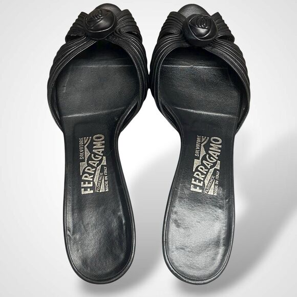 Salvatore Ferragamo Women Black Mule Sandals Sz 7.5 Peep Toe Kitten Heel Leather - Picture 5 of 10